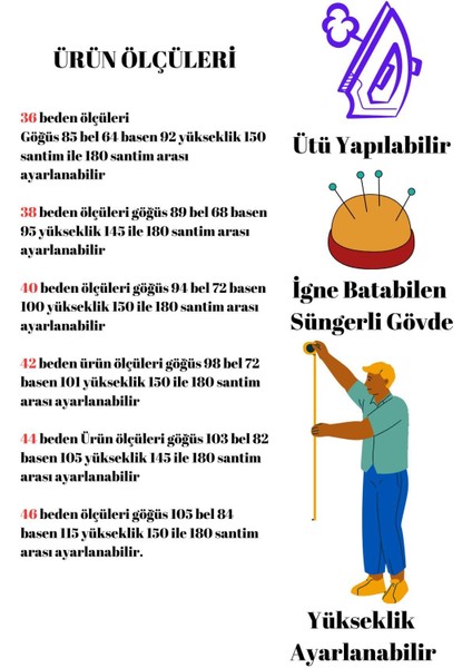 Süngerli Uzun Ömürlü Döküm Ayaklı Terzi Mankeni 36-38-42-44-44-46 Beden Seçenekleri fiyatları