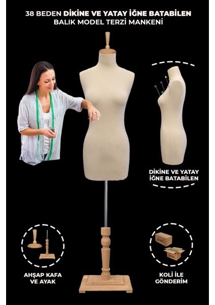 Balık Model Süngerli 38 Beden Dik ve Yatay Iğne Batabilen Terzi mankeni Prova Mankeni Ahşap Ayak