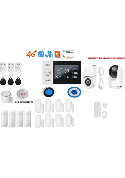 Pgst 4g Sim Kart Destekli Akıllı Ev Güvenlik Alarm Sistemi + Obiem Iç ve Dış Mekân Ptz Hd Kamera