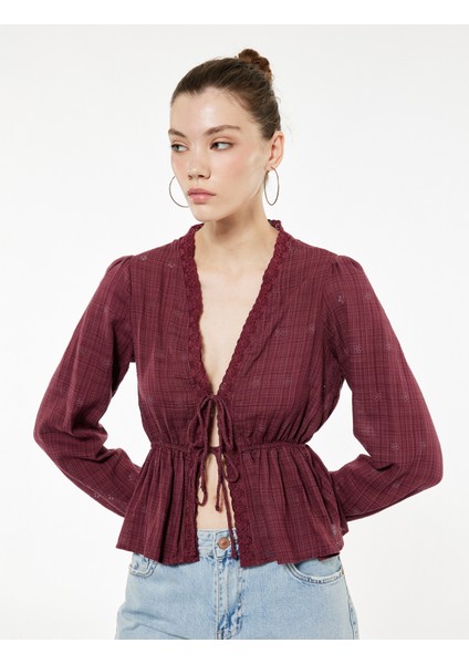 Uzun Kollu V Yaka Viskon Karışımlı Bağcıklı Fisto Bluz