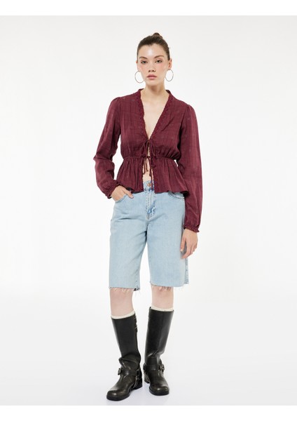 Uzun Kollu V Yaka Viskon Karışımlı Bağcıklı Fisto Bluz fiyatları