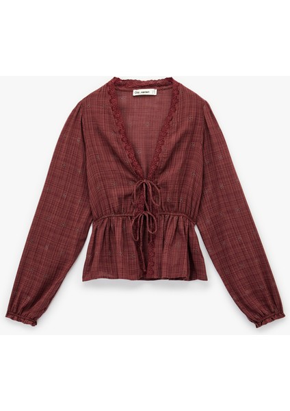 Uzun Kollu V Yaka Viskon Karışımlı Bağcıklı Fisto Bluz modelleri