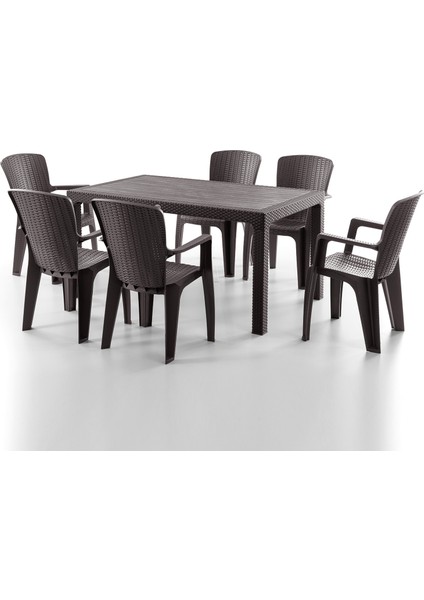 Side 6 Kişilik Rattan Masa Sandalye Takımı Kahve