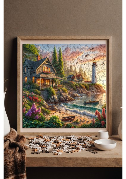 Ahşap Puzzle – Deniz Feneri Ve Taş Ev, 353 Parça, 29x29 cm – Benzersiz Şekilli ve Özel Figürlü, Yapıştırıcı Folyo Dahil, Dekoratif Yetişkin Yapboz - |S1-23|
