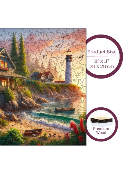 Ahşap Puzzle – Deniz Feneri Ve Taş Ev, 353 Parça, 29x29 cm – Benzersiz Şekilli ve Özel Figürlü, Yapıştırıcı Folyo Dahil, Dekoratif Yetişkin Yapboz - |S1-23|