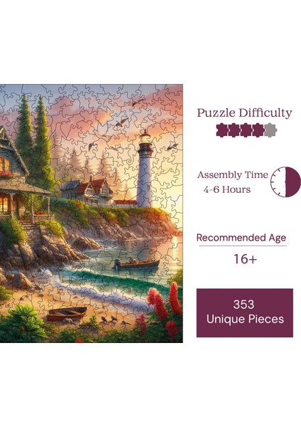 Ahşap Puzzle – Deniz Feneri Ve Taş Ev, 353 Parça, 29x29 cm – Benzersiz Şekilli ve Özel Figürlü, Yapıştırıcı Folyo Dahil, Dekoratif Yetişkin Yapboz - |S1-23|