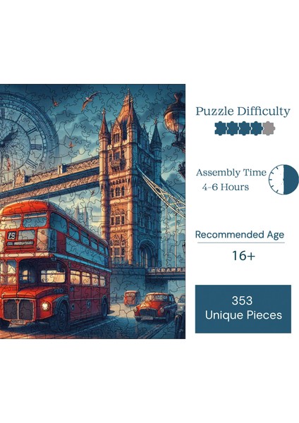 Ahşap Puzzle – Londra, 353 Parça, 29x29 cm – Benzersiz Şekilli ve Özel Figürlü, Yapıştırıcı Folyo Dahil, Dekoratif Yetişkin Yapboz - |S1-19|