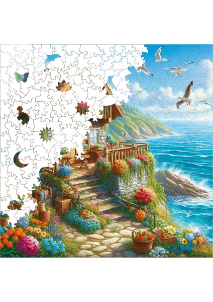Ahşap Puzzle – Deniz Kenarında Kır Evi, 353 Parça, 29x29 cm – Benzersiz Şekilli ve Özel Figürlü, Yapıştırıcı Folyo Dahil, Dekoratif Yetişkin Yapboz - |S1-24|