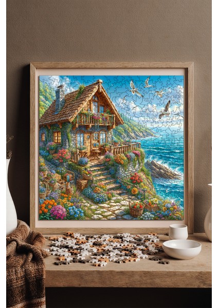 Ahşap Puzzle – Deniz Kenarında Kır Evi, 353 Parça, 29x29 cm – Benzersiz Şekilli ve Özel Figürlü, Yapıştırıcı Folyo Dahil, Dekoratif Yetişkin Yapboz - |S1-24|