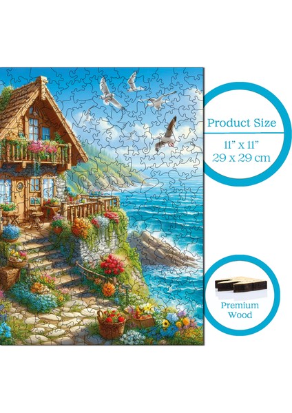 Ahşap Puzzle – Deniz Kenarında Kır Evi, 353 Parça, 29x29 cm – Benzersiz Şekilli ve Özel Figürlü, Yapıştırıcı Folyo Dahil, Dekoratif Yetişkin Yapboz - |S1-24|
