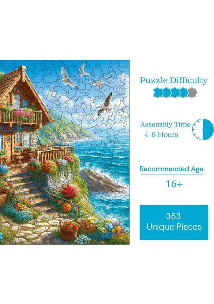 Ahşap Puzzle – Deniz Kenarında Kır Evi, 353 Parça, 29x29 cm – Benzersiz Şekilli ve Özel Figürlü, Yapıştırıcı Folyo Dahil, Dekoratif Yetişkin Yapboz - |S1-24|