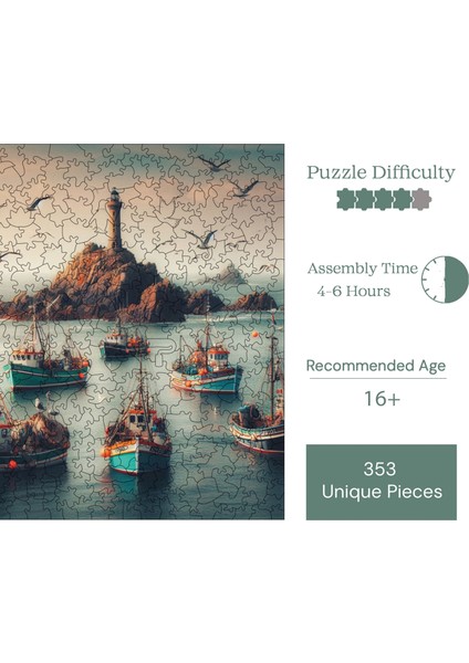 Ahşap Puzzle – Balıkçı Koyu, 353 Parça, 29x29 cm – Benzersiz Şekilli ve Özel Figürlü, Yapıştırıcı Folyo Dahil, Dekoratif Yetişkin Yapboz - |S1-09|