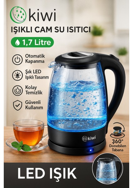 1.7l Cam Su Isıtıcı, Otomatik Kapanma, LED Işıklı, Modern ve Şık Tasarım