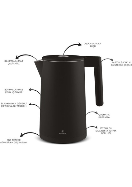 Sıcaklık Göstergeli 2200W 1,7lt Paslanmaz Çelik Su Isıtıcı Siyah indirimleri