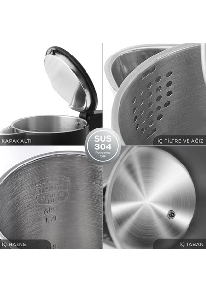 Sıcaklık Göstergeli 2200W 1,7lt Paslanmaz Çelik Su Isıtıcı Siyah