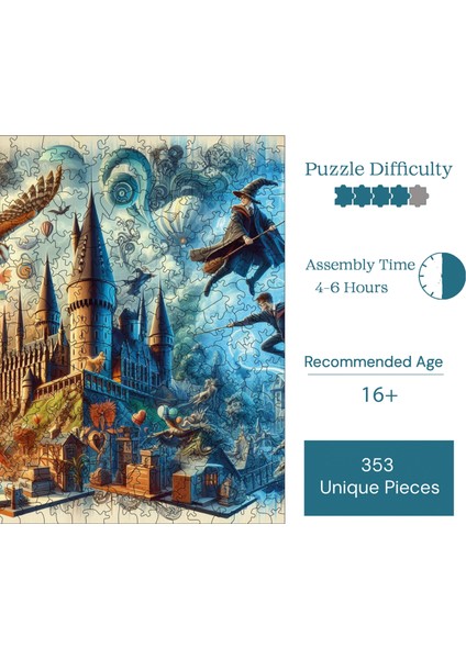 Ahşap Puzzle – Sihirbazlık ve Büyücülük Okulu, 353 Parça, 29x29 cm – Benzersiz Şekilli ve Özel Figürlü, Yapıştırıcı Folyo Dahil, Dekoratif Yetişkin Yapboz - |S1-05|