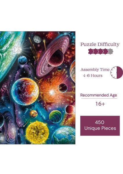 Ahşap Puzzle – Uzayda Kozmik Senfoni, 450 Parça, 29x39 cm – Benzersiz Şekilli ve Özel Figürlü, Yapıştırıcı Folyo Dahil, Dekoratif Yetişkin Yapboz - |R1-07|