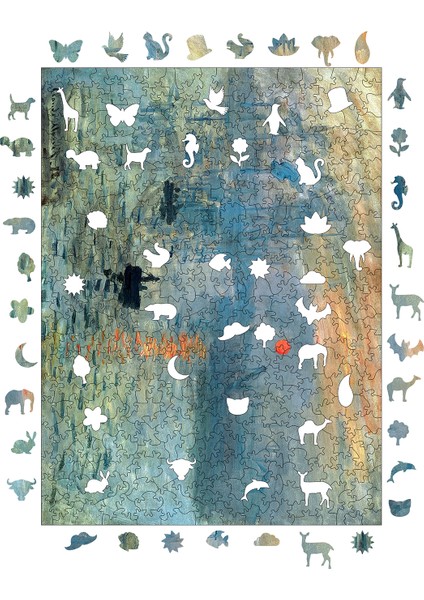 Ahşap Puzzle – Claude Monet Izlenim: Gün Doğumu, 450 Parça, 29x39 cm – Benzersiz Şekilli ve Özel Figürlü, Yapıştırıcı Folyo Dahil, Dekoratif Yetişkin Yapboz - |R1-14|