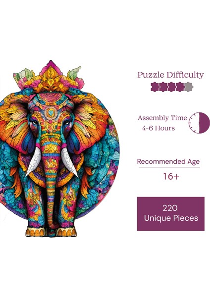 Ahşap Puzzle – Mandala Fil, 220 Parça, 28x36 cm – Benzersiz Şekilli ve Özel Figürlü, Yapıştırıcı Folyo Dahil, Dekoratif Yetişkin Yapboz - |WZ-20|