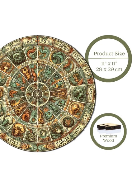 Ahşap Puzzle – Antik Zodyak Çarkı, 252 Parça, 29x29 cm – Benzersiz Şekilli ve Özel Figürlü, Yapıştırıcı Folyo Dahil, Dekoratif Yetişkin Yapboz - |A1-10|