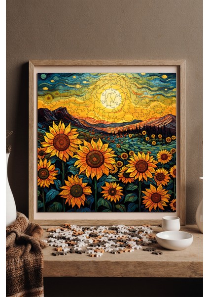 Ahşap Puzzle – Günebakan Tarlasında Akşamüstü, 353 Parça, 29x29 cm – Benzersiz Şekilli ve Özel Figürlü, Yapıştırıcı Folyo Dahil, Dekoratif Yetişkin Yapboz - |S1-30|