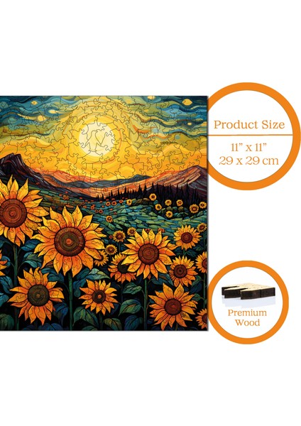 Ahşap Puzzle – Günebakan Tarlasında Akşamüstü, 353 Parça, 29x29 cm – Benzersiz Şekilli ve Özel Figürlü, Yapıştırıcı Folyo Dahil, Dekoratif Yetişkin Yapboz - |S1-30|