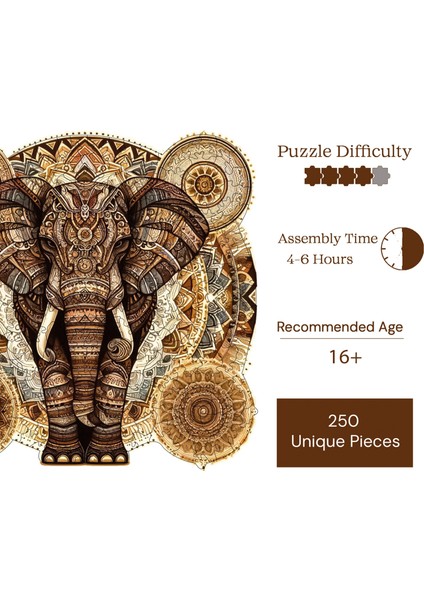 WePuzzleUp Ahşap Puzzle – Majestik Mandala Fil, 250 Parça, 29x28 cm – Benzersiz Şekilli ve Özel Figürlü, Yapıştırıcı Folyo Dahil, Dekoratif Yetişkin Yapboz - |WZ-04|