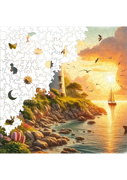 Ahşap Puzzle – Deniz Fenerinde Gün Batımı, 353 Parça, 29x29 cm – Benzersiz Şekilli ve Özel Figürlü, Yapıştırıcı Folyo Dahil, Dekoratif Yetişkin Yapboz - |S1-29|