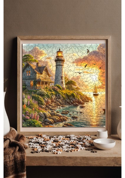 Ahşap Puzzle – Deniz Fenerinde Gün Batımı, 353 Parça, 29x29 cm – Benzersiz Şekilli ve Özel Figürlü, Yapıştırıcı Folyo Dahil, Dekoratif Yetişkin Yapboz - |S1-29|