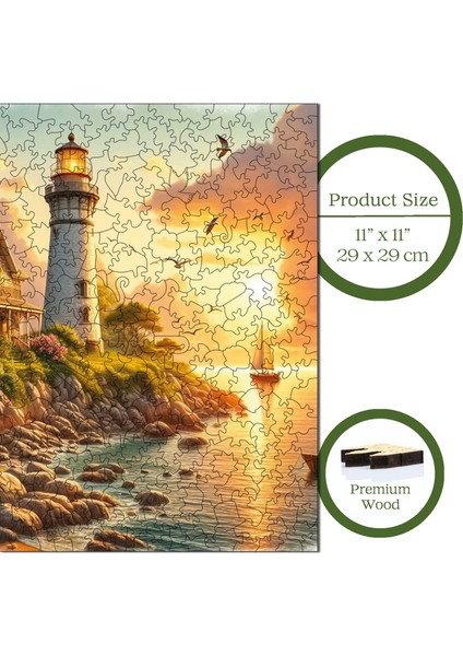 Ahşap Puzzle – Deniz Fenerinde Gün Batımı, 353 Parça, 29x29 cm – Benzersiz Şekilli ve Özel Figürlü, Yapıştırıcı Folyo Dahil, Dekoratif Yetişkin Yapboz - |S1-29|