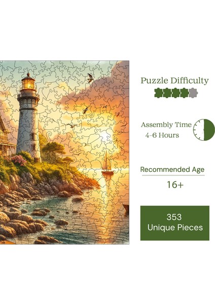 Ahşap Puzzle – Deniz Fenerinde Gün Batımı, 353 Parça, 29x29 cm – Benzersiz Şekilli ve Özel Figürlü, Yapıştırıcı Folyo Dahil, Dekoratif Yetişkin Yapboz - |S1-29|