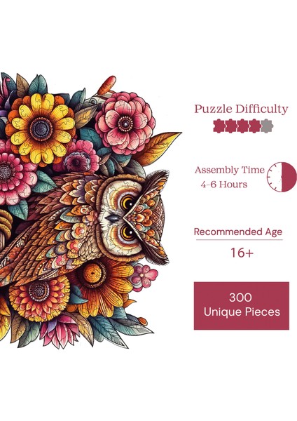 Ahşap Puzzle – Çiçekli Baykuş, 300 Parça, 29x33 cm – Benzersiz Şekilli ve Özel Figürlü, Yapıştırıcı Folyo Dahil, Dekoratif Yetişkin Yapboz - |WZ-07|
