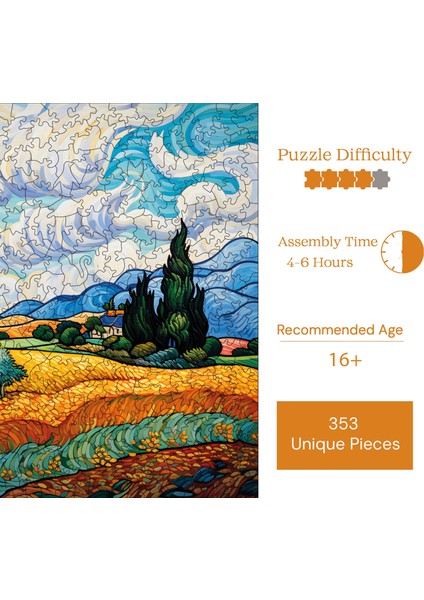 WePuzzleUp Ahşap Puzzle – Van Gogh Selvili Buğday Tarlası Reprodüksiyon, 353 Parça, 29x29 cm – Benzersiz Şekilli ve Özel Figürlü, Yapıştırıcı Folyo Dahil, Dekoratif Yetişkin Yapboz - |S1-37|