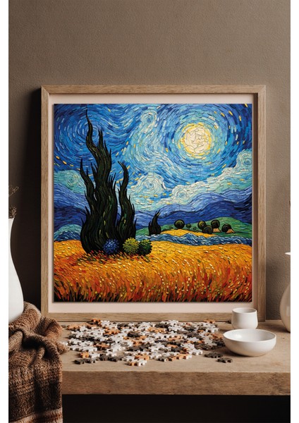 Ahşap Puzzle – Van Gogh Yıldızlı Gece Reprodüksiyonu, 353 Parça, 29x29 cm – Benzersiz Şekilli ve Özel Figürlü, Yapıştırıcı Folyo Dahil, Dekoratif Yetişkin Yapboz - |S1-35|