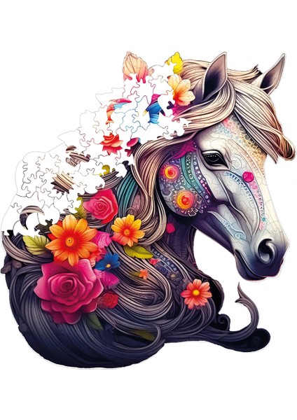 WePuzzleUp Ahşap Puzzle – Çiçek Yeleli At Figürü, 210 Parça, 27x29 cm – Benzersiz Şekilli ve Özel Figürlü, Yapıştırıcı Folyo Dahil, Dekoratif Yetişkin Yapboz - |WZ-09|