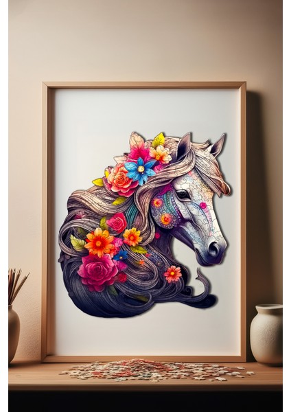 WePuzzleUp Ahşap Puzzle – Çiçek Yeleli At Figürü, 210 Parça, 27x29 cm – Benzersiz Şekilli ve Özel Figürlü, Yapıştırıcı Folyo Dahil, Dekoratif Yetişkin Yapboz - |WZ-09|