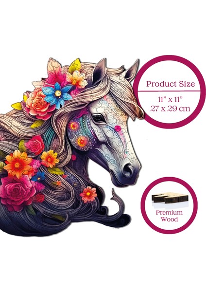 WePuzzleUp Ahşap Puzzle – Çiçek Yeleli At Figürü, 210 Parça, 27x29 cm – Benzersiz Şekilli ve Özel Figürlü, Yapıştırıcı Folyo Dahil, Dekoratif Yetişkin Yapboz - |WZ-09|