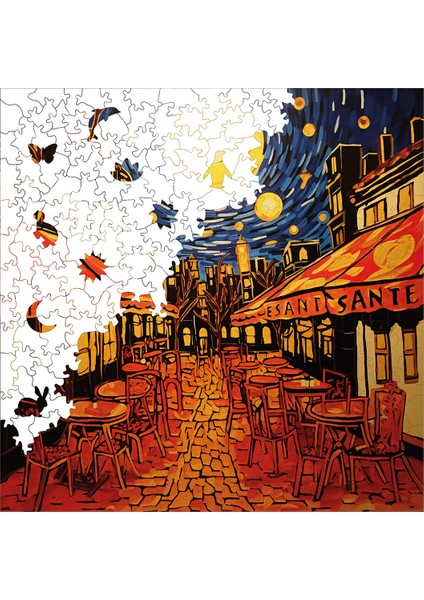 WePuzzleUp Ahşap Puzzle – Van Gogh Kafe Terasta Yıldızlı Gece Reprodüksiyonu, 353 Parça, 29x29 cm – Benzersiz Şekilli ve Özel Figürlü, Yapıştırıcı Folyo Dahil, Dekoratif Yetişkin Yapboz - |S1-33|