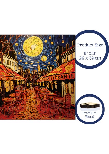 WePuzzleUp Ahşap Puzzle – Van Gogh Kafe Terasta Yıldızlı Gece Reprodüksiyonu, 353 Parça, 29x29 cm – Benzersiz Şekilli ve Özel Figürlü, Yapıştırıcı Folyo Dahil, Dekoratif Yetişkin Yapboz - |S1-33|
