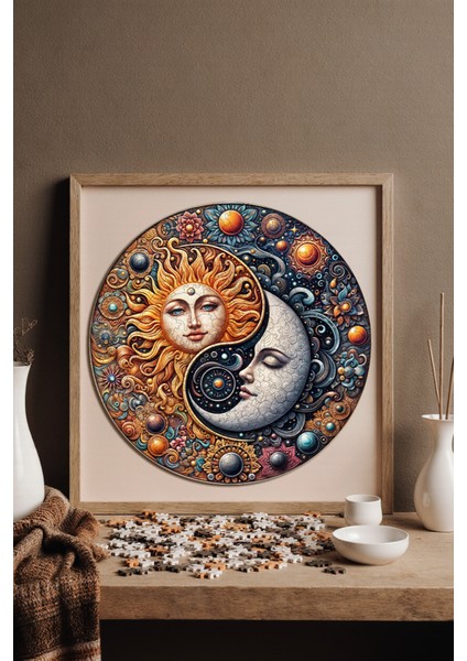 Ahşap Puzzle – Güneş Ve Ayın Dansı, 252 Parça, 29x29 cm – Benzersiz Şekilli ve Özel Figürlü, Yapıştırıcı Folyo Dahil, Dekoratif Yetişkin Yapboz - |A1-06|