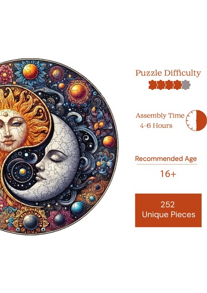 Ahşap Puzzle – Güneş Ve Ayın Dansı, 252 Parça, 29x29 cm – Benzersiz Şekilli ve Özel Figürlü, Yapıştırıcı Folyo Dahil, Dekoratif Yetişkin Yapboz - |A1-06|