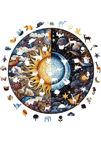 Ahşap Puzzle – Gün Ve Gece, 252 Parça, 29x29 cm – Benzersiz Şekilli ve Özel Figürlü, Yapıştırıcı Folyo Dahil, Dekoratif Yetişkin Yapboz - |A1-05|