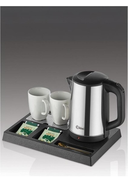Gri Otel Tipi Paslanmaz Çelik Kettle ve Karşılama Tepsisi Seti