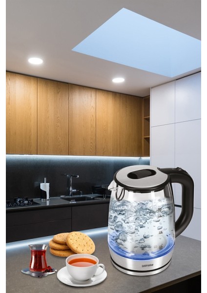 Işıklı 2200W Paslanmaz Çelik Cam Kettle 1.7l Siyah