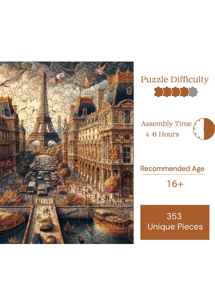 Ahşap Puzzle – Masalsı Şehir Paris, 353 Parça, 29x29 cm – Benzersiz Şekilli ve Özel Figürlü, Yapıştırıcı Folyo Dahil, Dekoratif Yetişkin Yapboz - |S1-16|