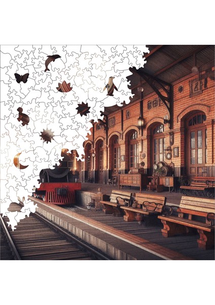 Ahşap Puzzle – Eski Tren Istasyonu, 353 Parça, 29x29 cm – Benzersiz Şekilli ve Özel Figürlü, Yapıştırıcı Folyo Dahil, Dekoratif Yetişkin Yapboz - |S1-22|
