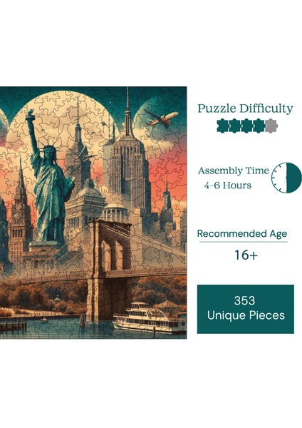 Ahşap Puzzle – Ikonik New York, 353 Parça, 29x29 cm – Benzersiz Şekilli ve Özel Figürlü, Yapıştırıcı Folyo Dahil, Dekoratif Yetişkin Yapboz - |S1-14|