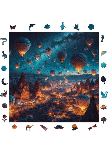 Ahşap Puzzle – Kapadokya'nın Büyülü Balonları, 353 Parça, 29x29 cm – Benzersiz Şekilli ve Özel Figürlü, Yapıştırıcı Folyo Dahil, Dekoratif Yetişkin Yapboz - |S1-11|