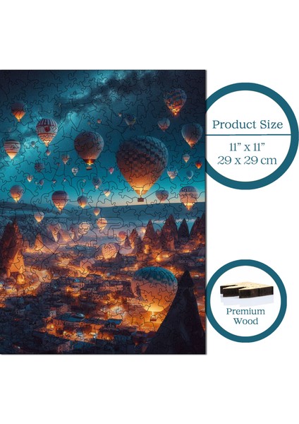 Ahşap Puzzle – Kapadokya'nın Büyülü Balonları, 353 Parça, 29x29 cm – Benzersiz Şekilli ve Özel Figürlü, Yapıştırıcı Folyo Dahil, Dekoratif Yetişkin Yapboz - |S1-11|