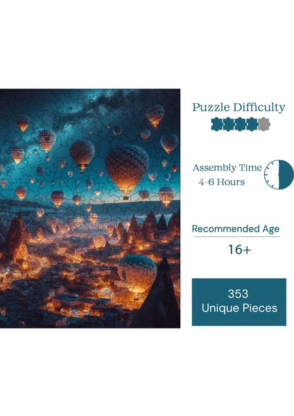 Ahşap Puzzle – Kapadokya'nın Büyülü Balonları, 353 Parça, 29x29 cm – Benzersiz Şekilli ve Özel Figürlü, Yapıştırıcı Folyo Dahil, Dekoratif Yetişkin Yapboz - |S1-11|